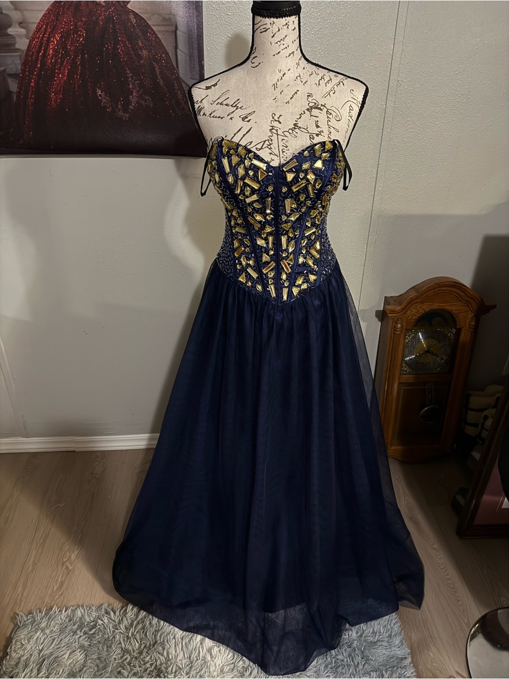 Bee Darlin Navy Blue Yellow Bedazzled Corset Top Gown | Size 1/2